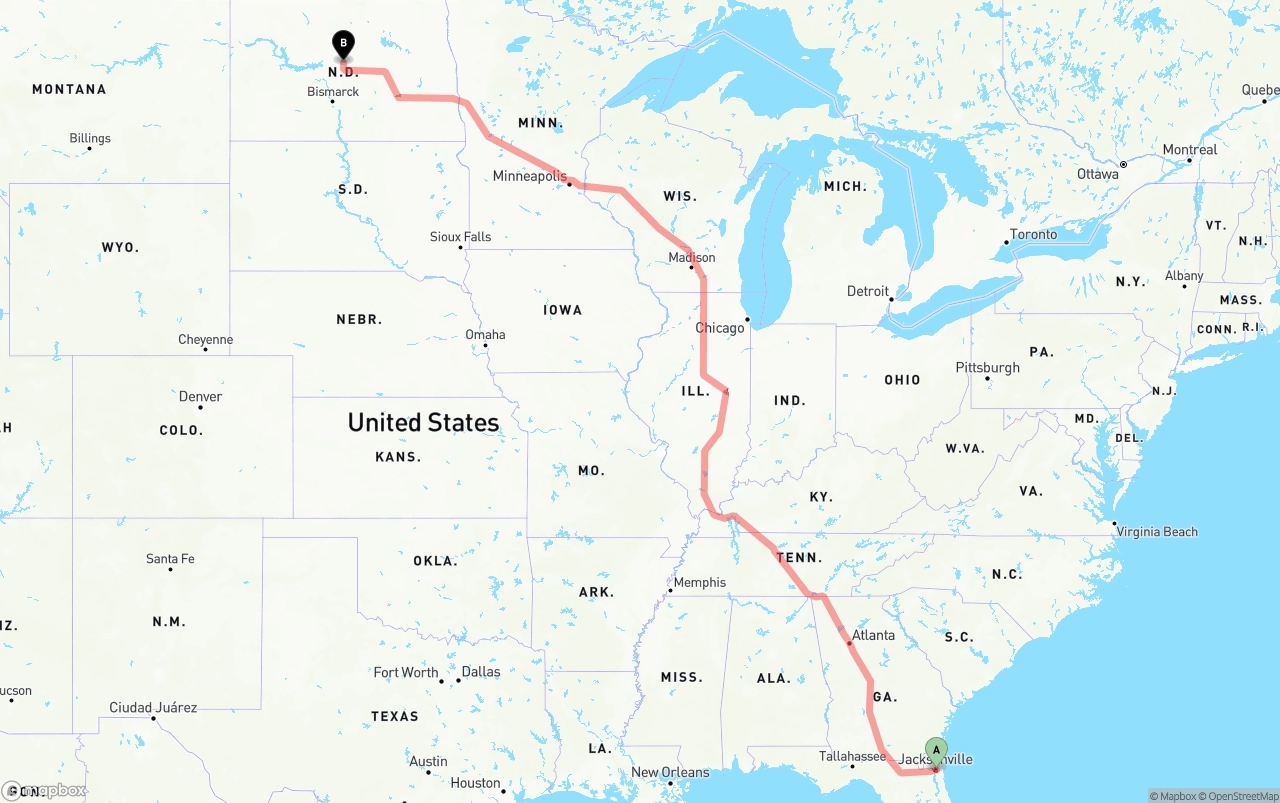 Shipping route from Port of Jacksonville to North Dakota