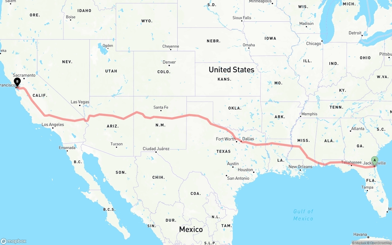 Shipping route from Port of Jacksonville to Oakland