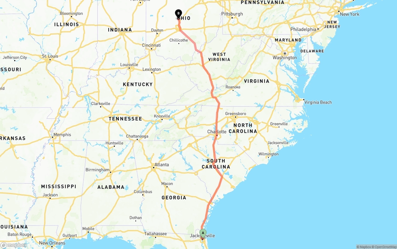 Shipping route from Port of Jacksonville to Ohio