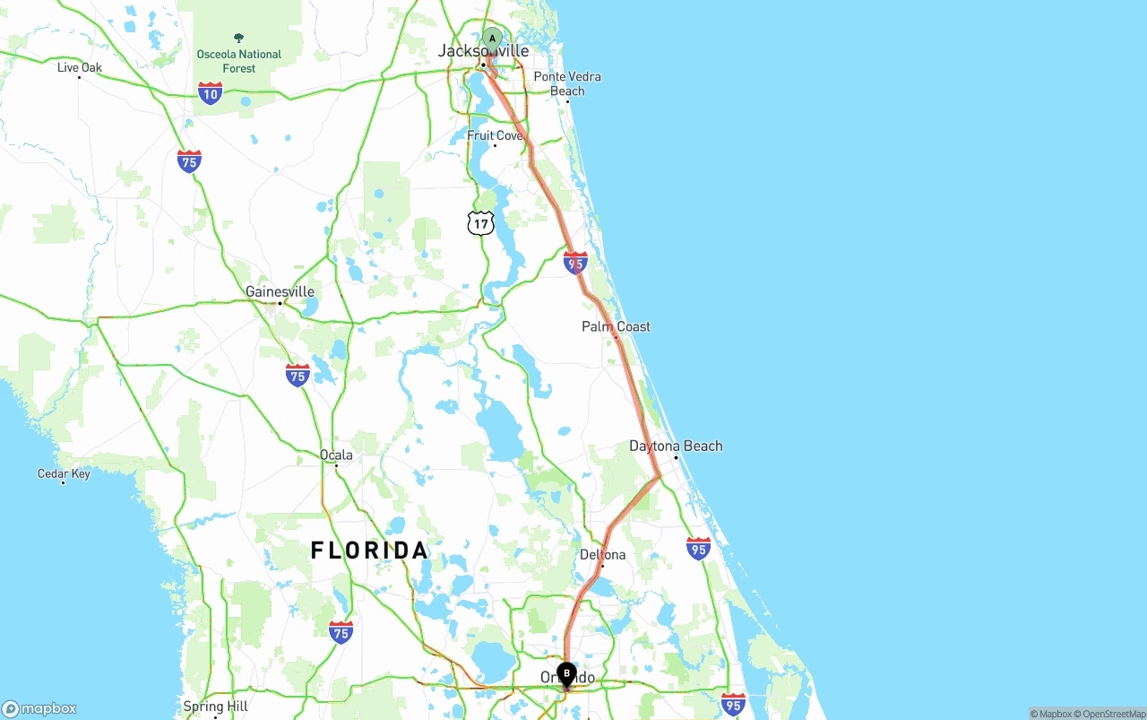 Shipping route from Port of Jacksonville to Orlando
