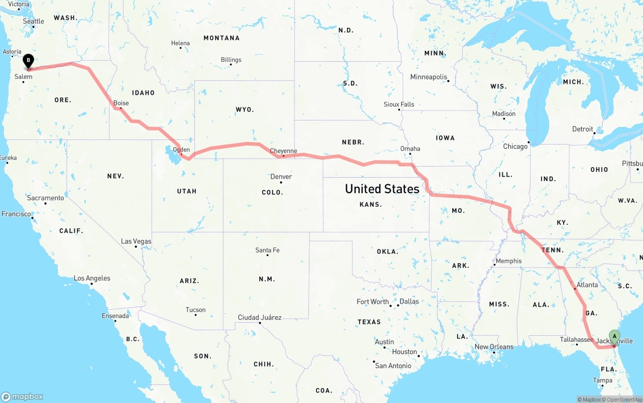 Shipping route from Port of Jacksonville to Portland