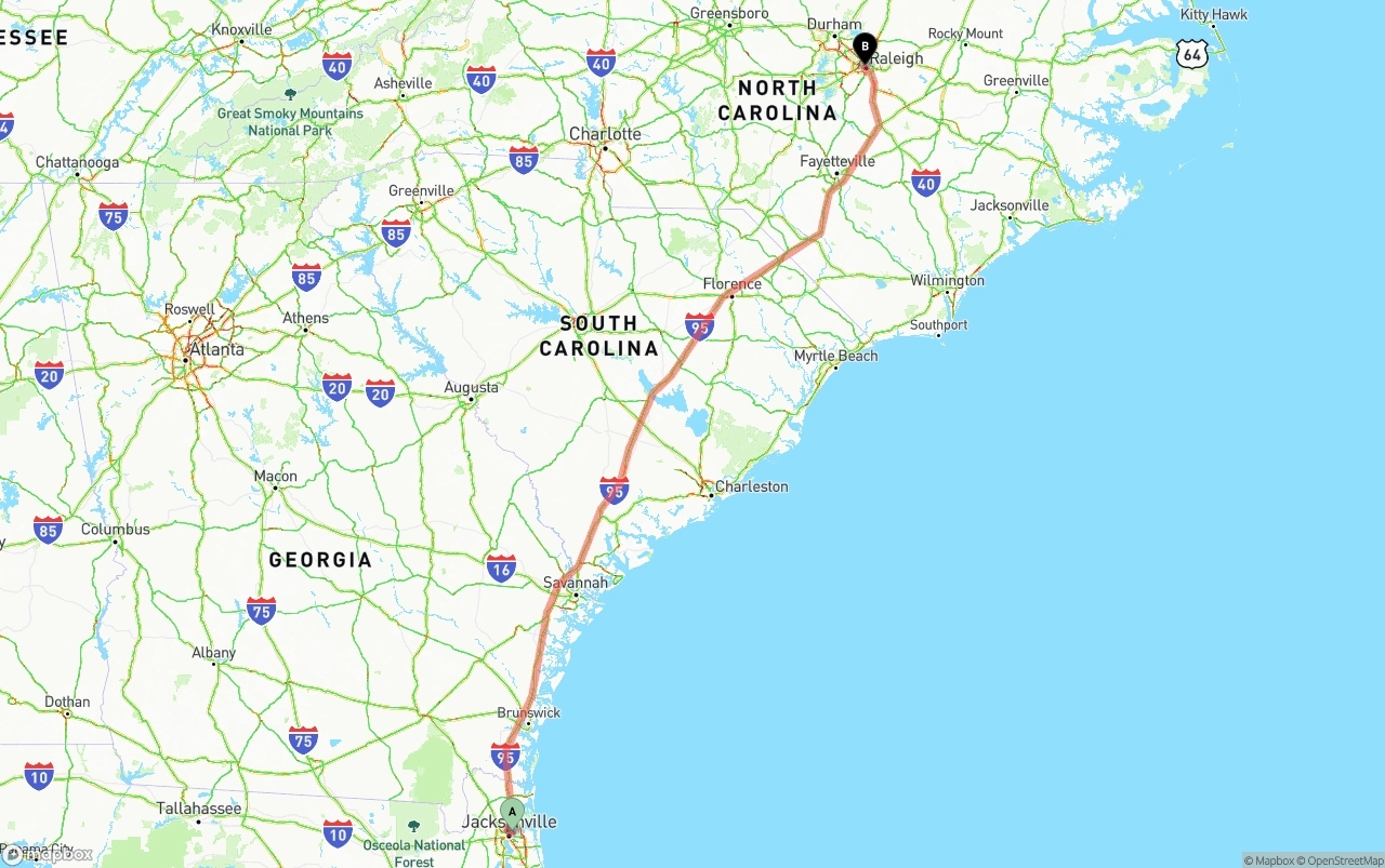 Shipping route from Port of Jacksonville to Raleigh