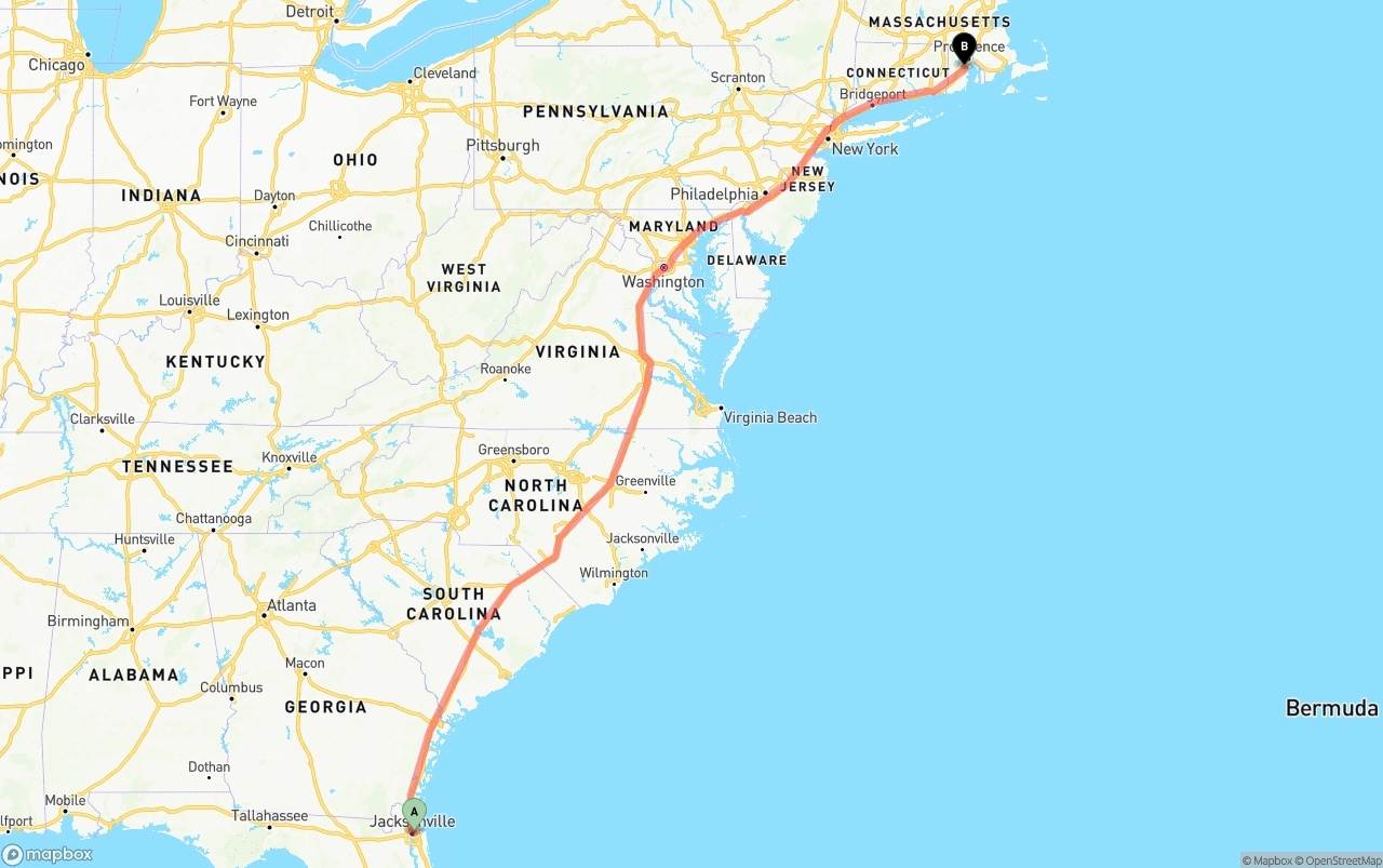 Shipping route from Port of Jacksonville to Rhode Island