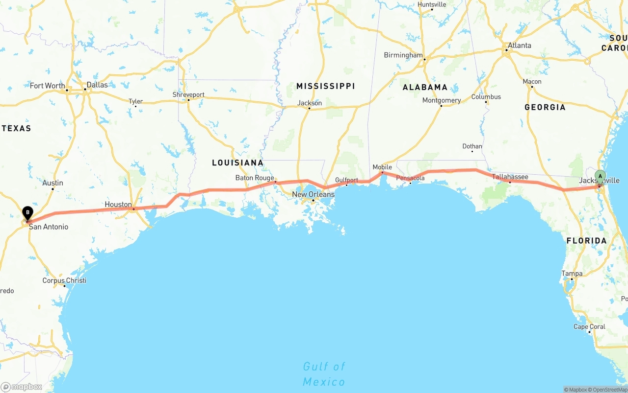 Shipping route from Port of Jacksonville to San Antonio