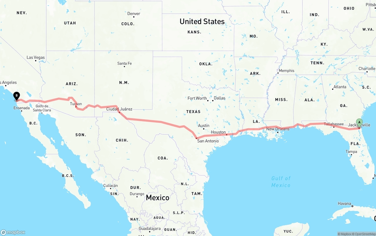Shipping route from Port of Jacksonville to San Diego