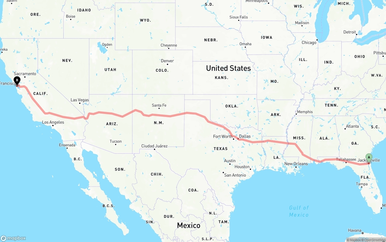 Shipping route from Port of Jacksonville to San Francisco