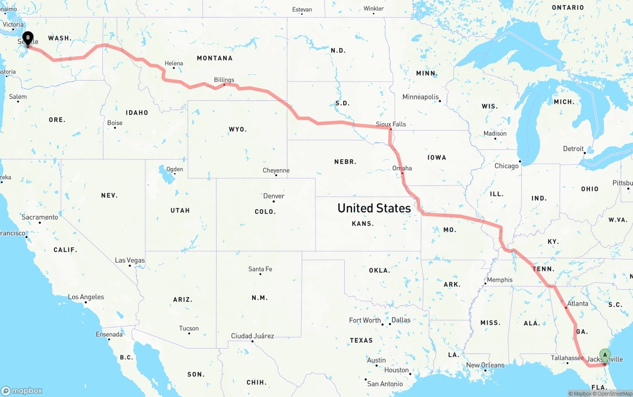 Shipping route from Port of Jacksonville to Seattle