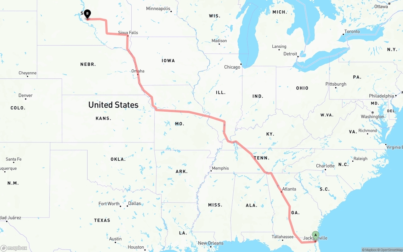 Shipping route from Port of Jacksonville to South Dakota