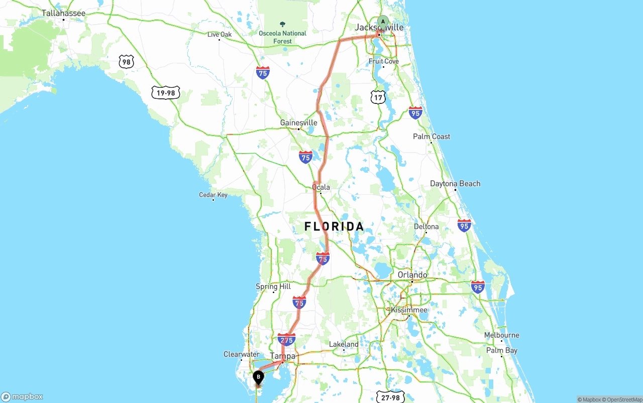 Shipping route from Port of Jacksonville to St. Petersburg
