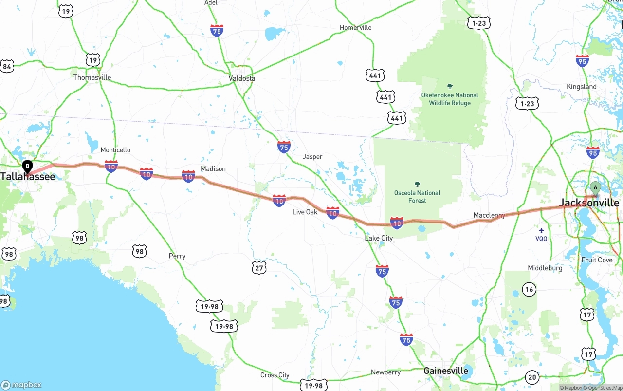 Shipping route from Port of Jacksonville to Tallahassee
