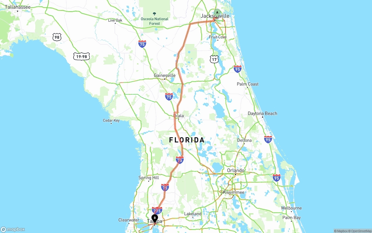 Shipping route from Port of Jacksonville to Tampa