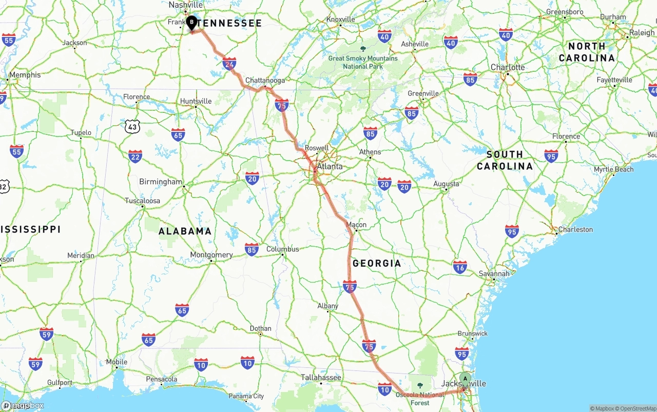 Shipping route from Port of Jacksonville to Tennessee
