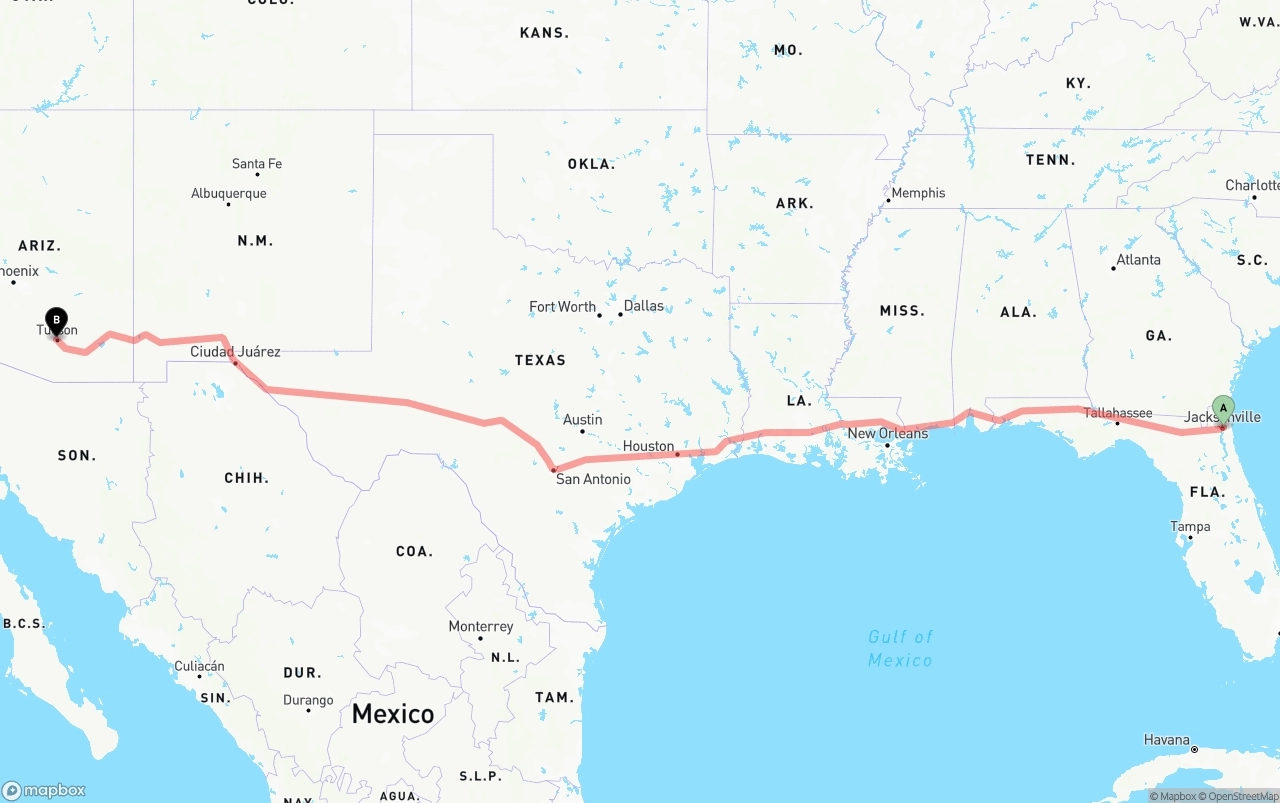 Shipping route from Port of Jacksonville to Tucson