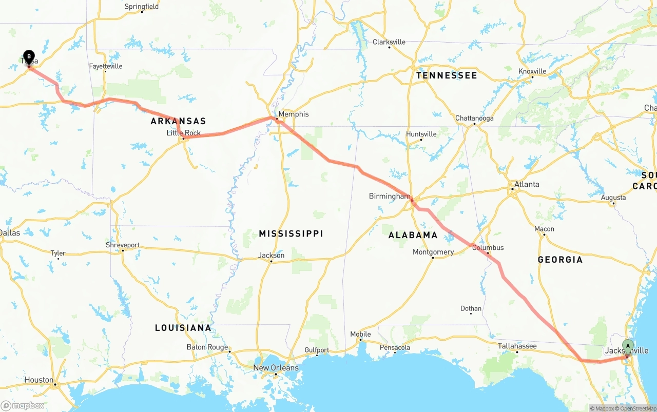 Shipping route from Port of Jacksonville to Tulsa