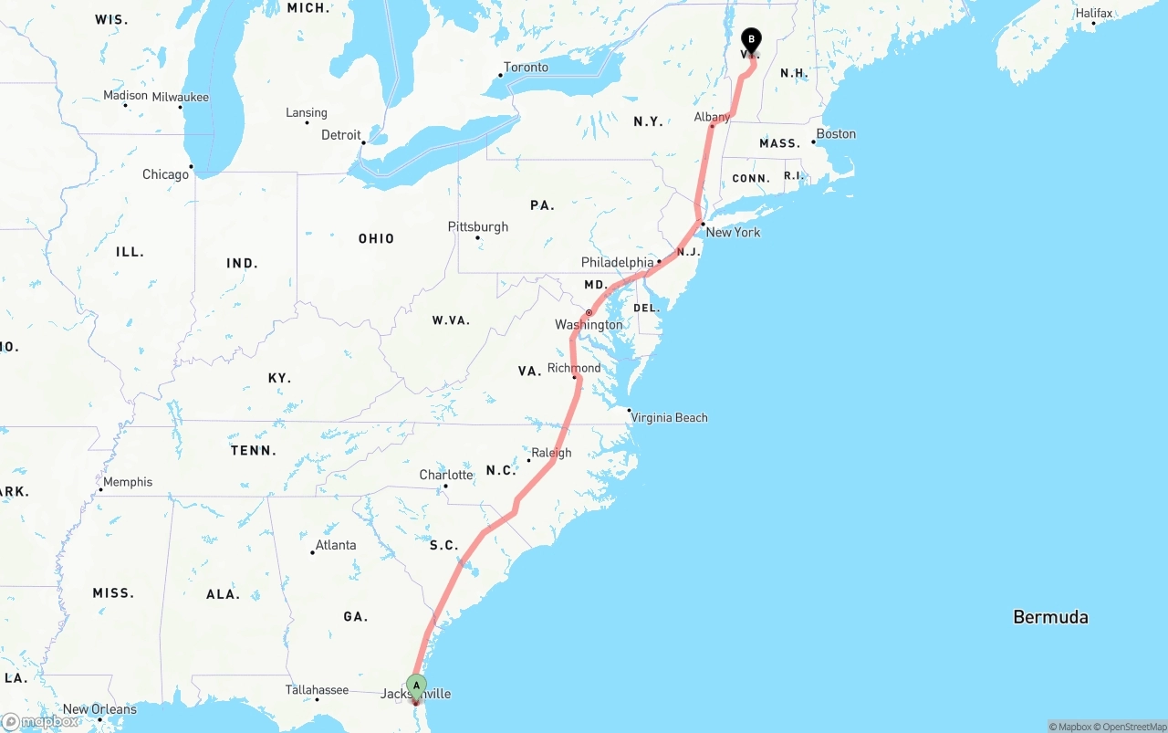 Shipping route from Port of Jacksonville to Vermont