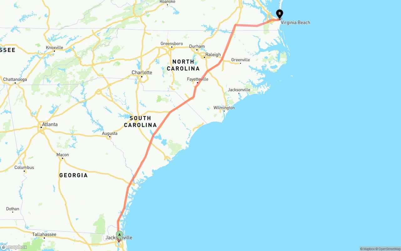 Shipping route from Port of Jacksonville to Virginia Beach