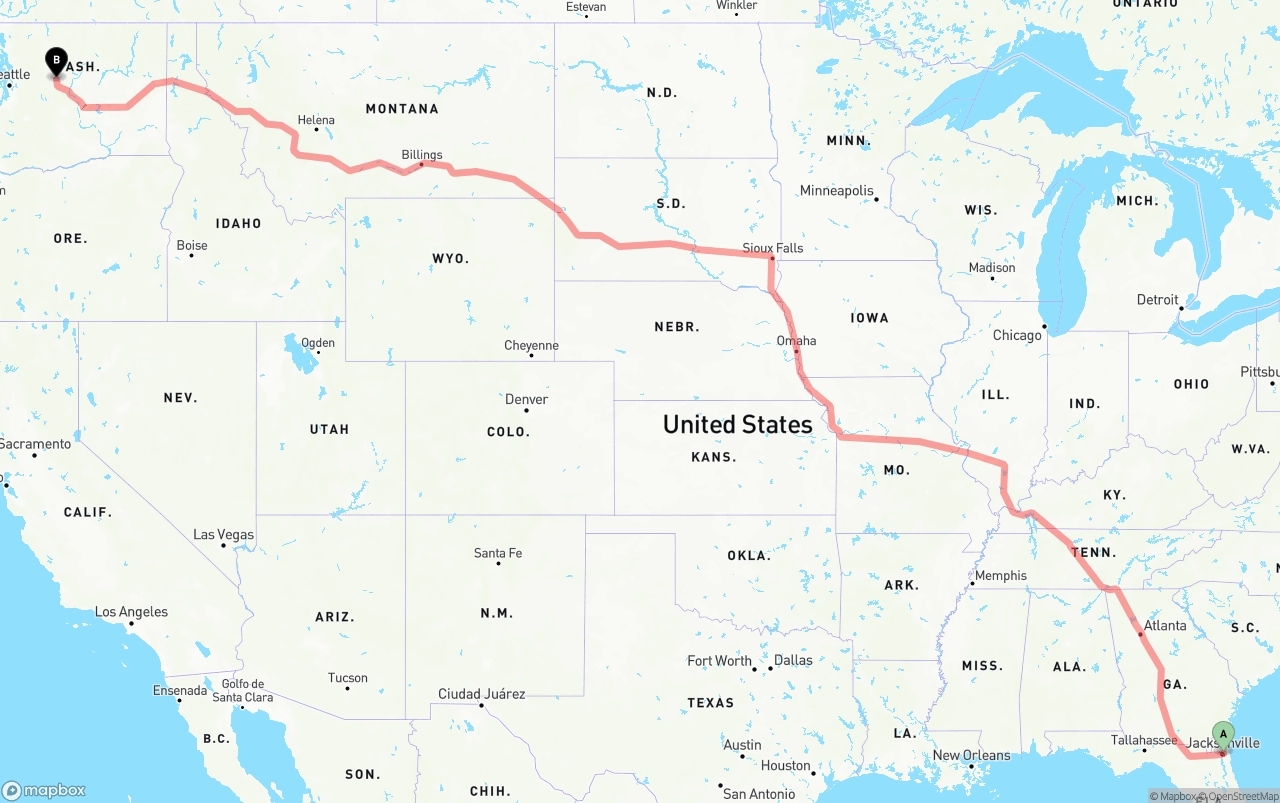 Shipping route from Port of Jacksonville to Washington