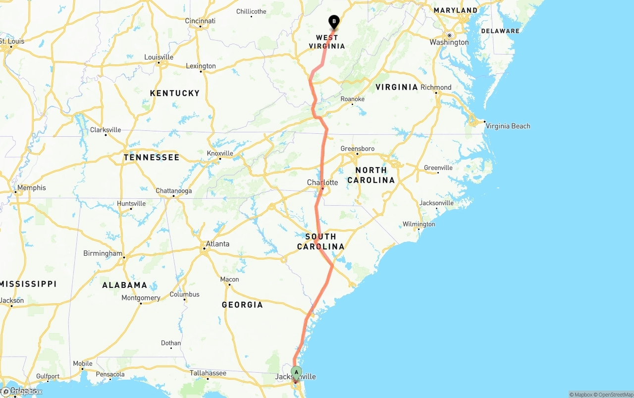 Shipping route from Port of Jacksonville to West Virginia