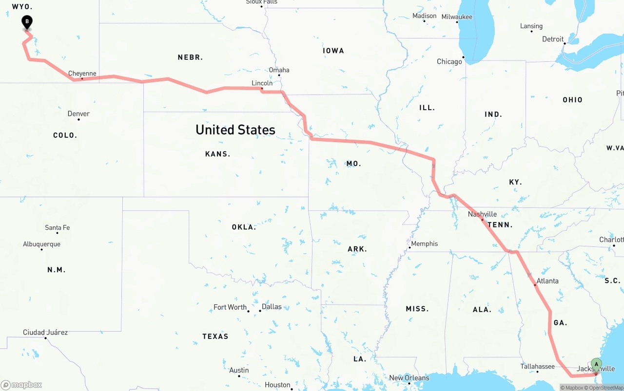 Shipping route from Port of Jacksonville to Wyoming