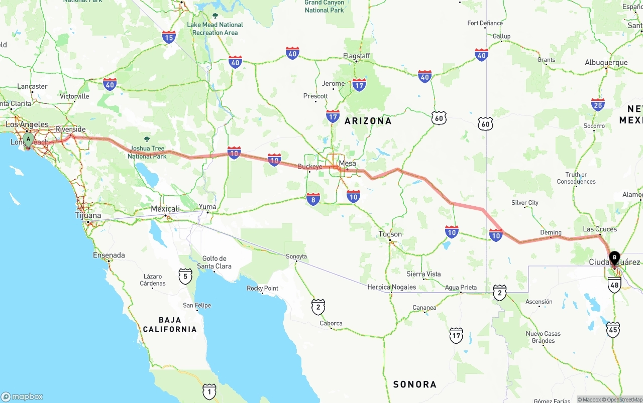 Shipping route from Port of Long Beach to El Paso