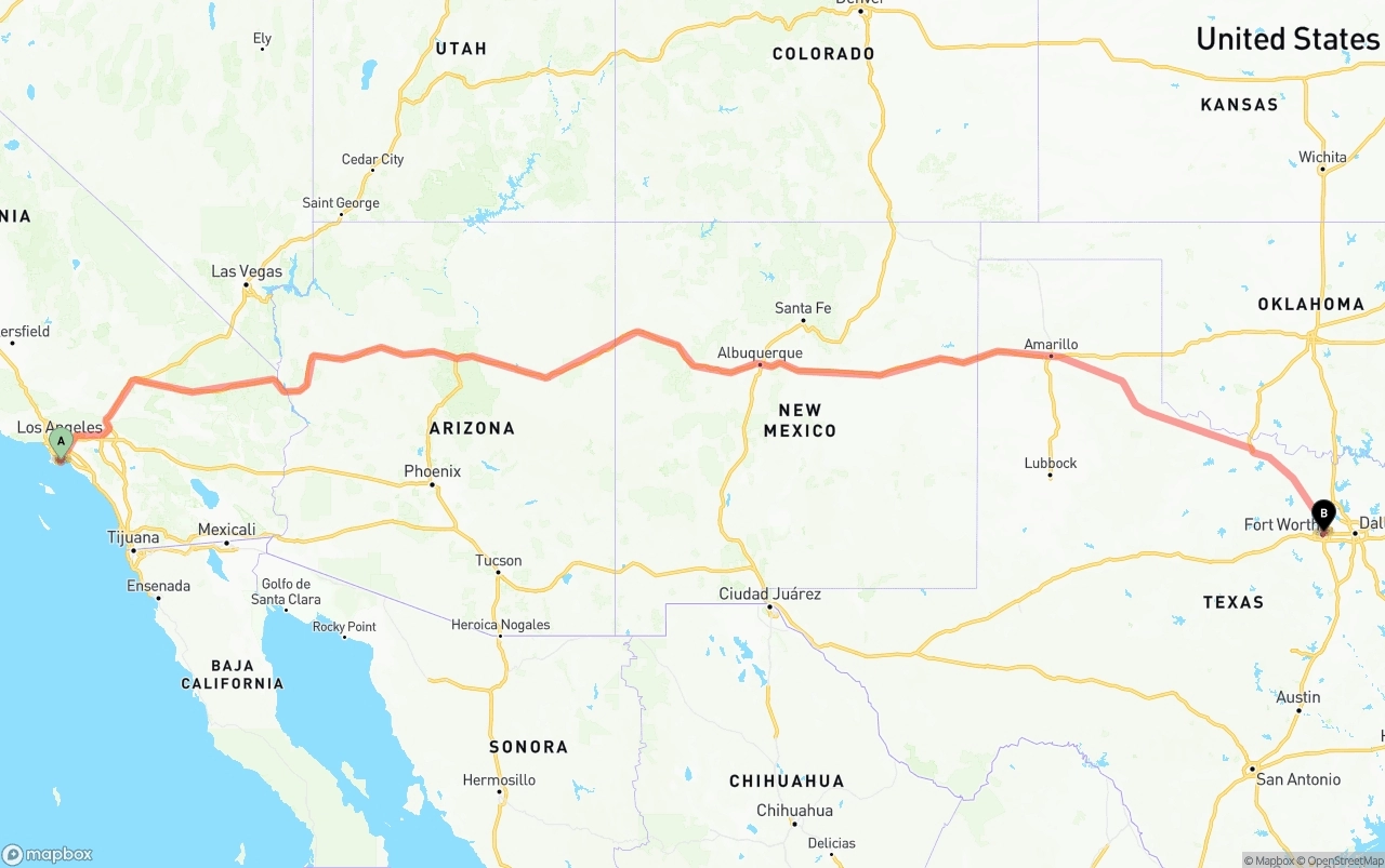 Shipping route from Port of Long Beach to Fort Worth
