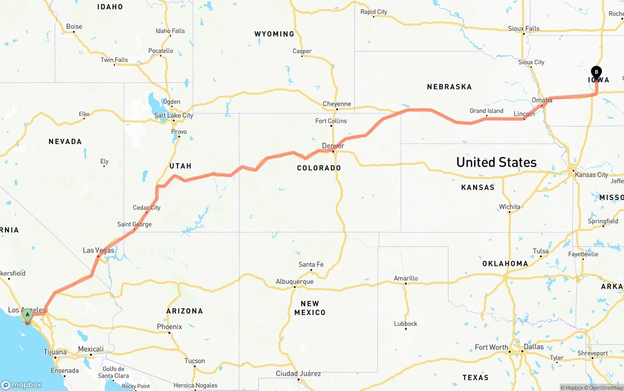 Shipping route from Port of Long Beach to Iowa