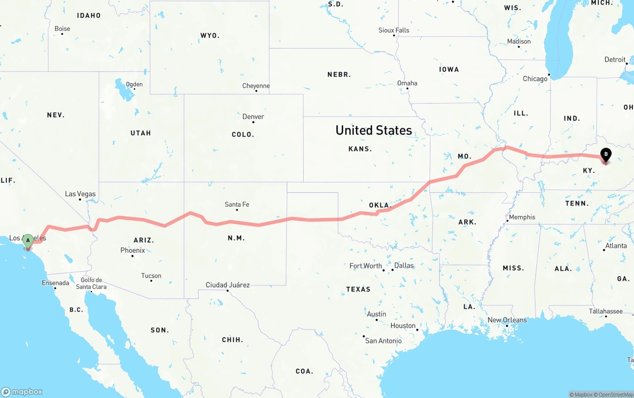 Shipping route from Port of Long Beach to Kentucky