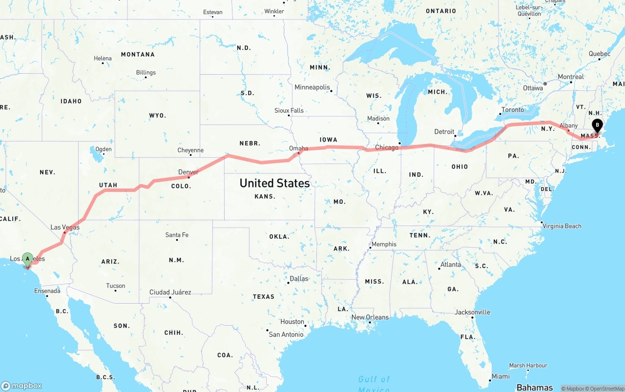 Shipping route from Port of Long Beach to Massachusetts