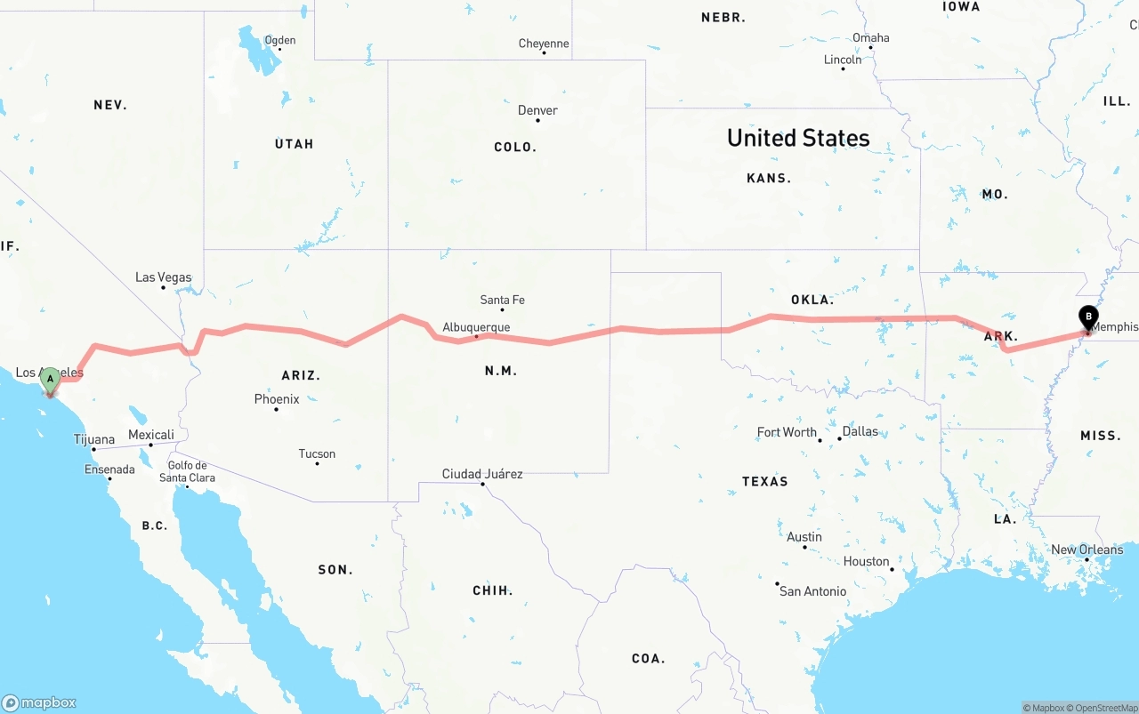 Shipping route from Port of Long Beach to Memphis