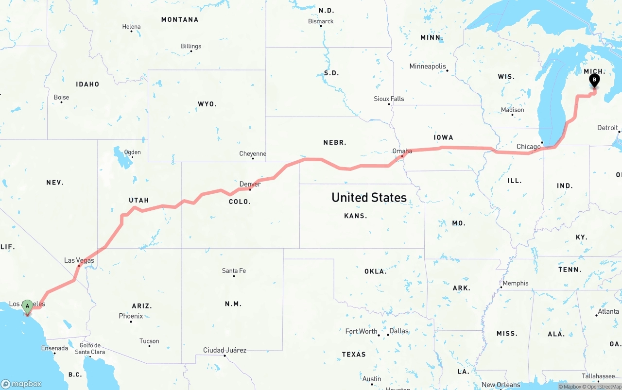 Shipping route from Port of Long Beach to Michigan