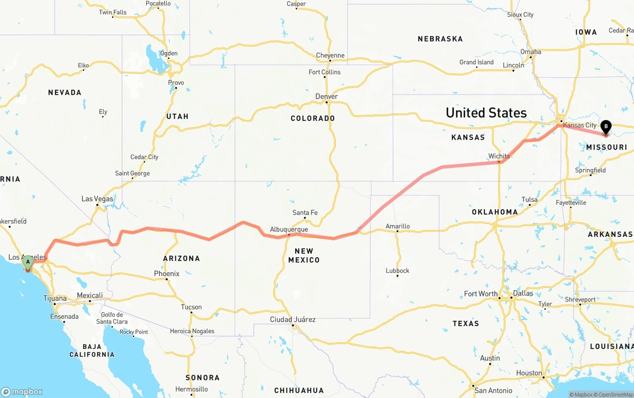 Shipping route from Port of Long Beach to Missouri