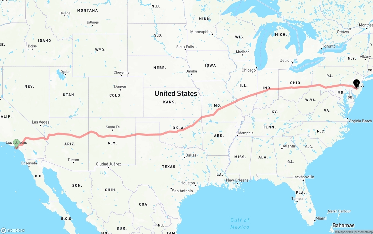 Shipping route from Port of Long Beach to New Jersey