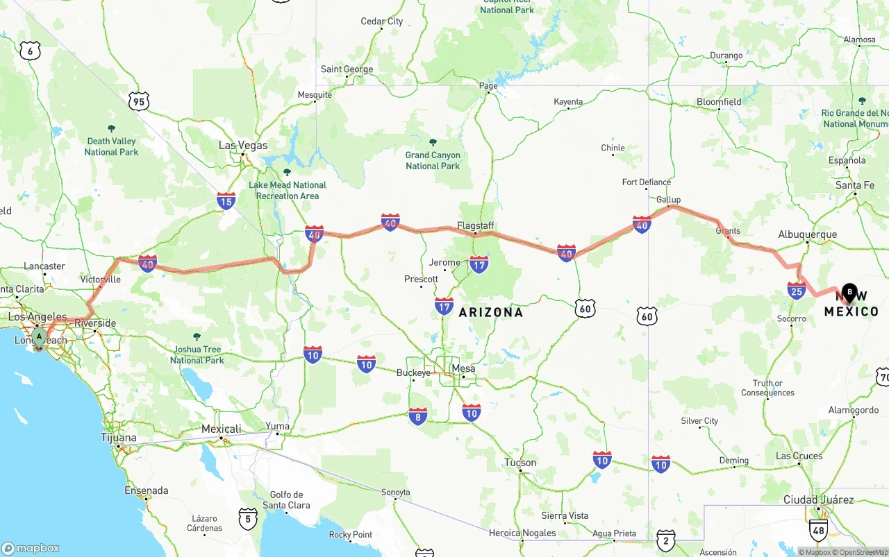 Shipping route from Port of Long Beach to New Mexico