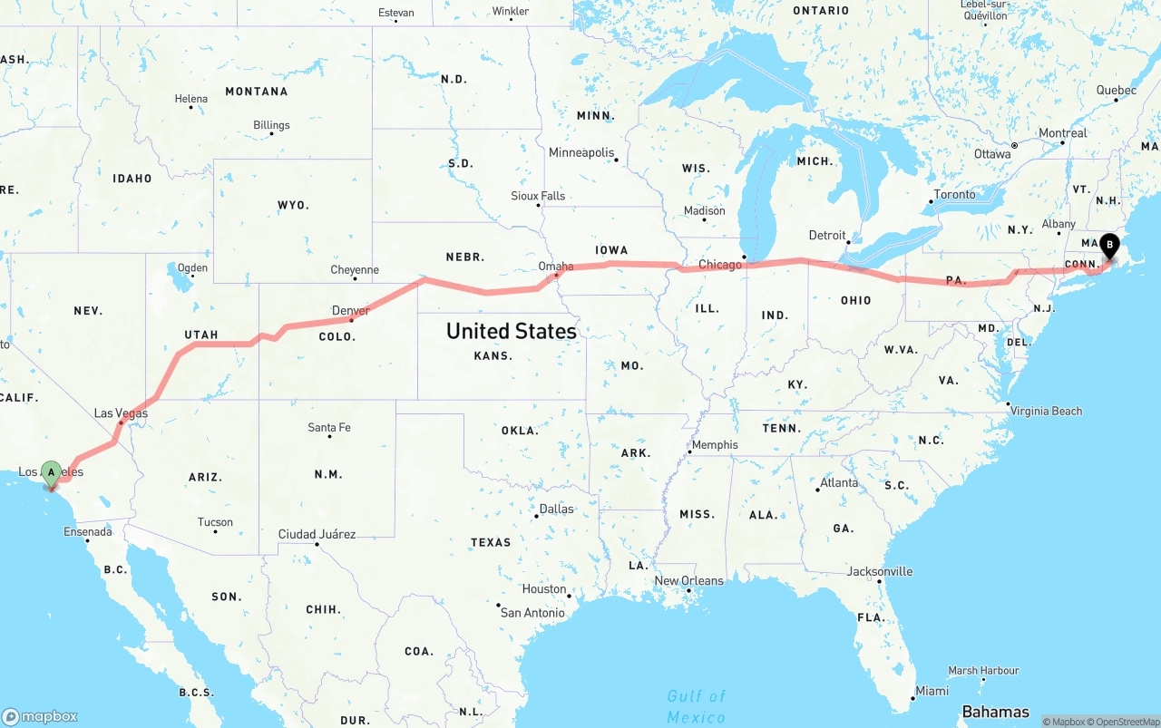 Shipping route from Port of Long Beach to Rhode Island