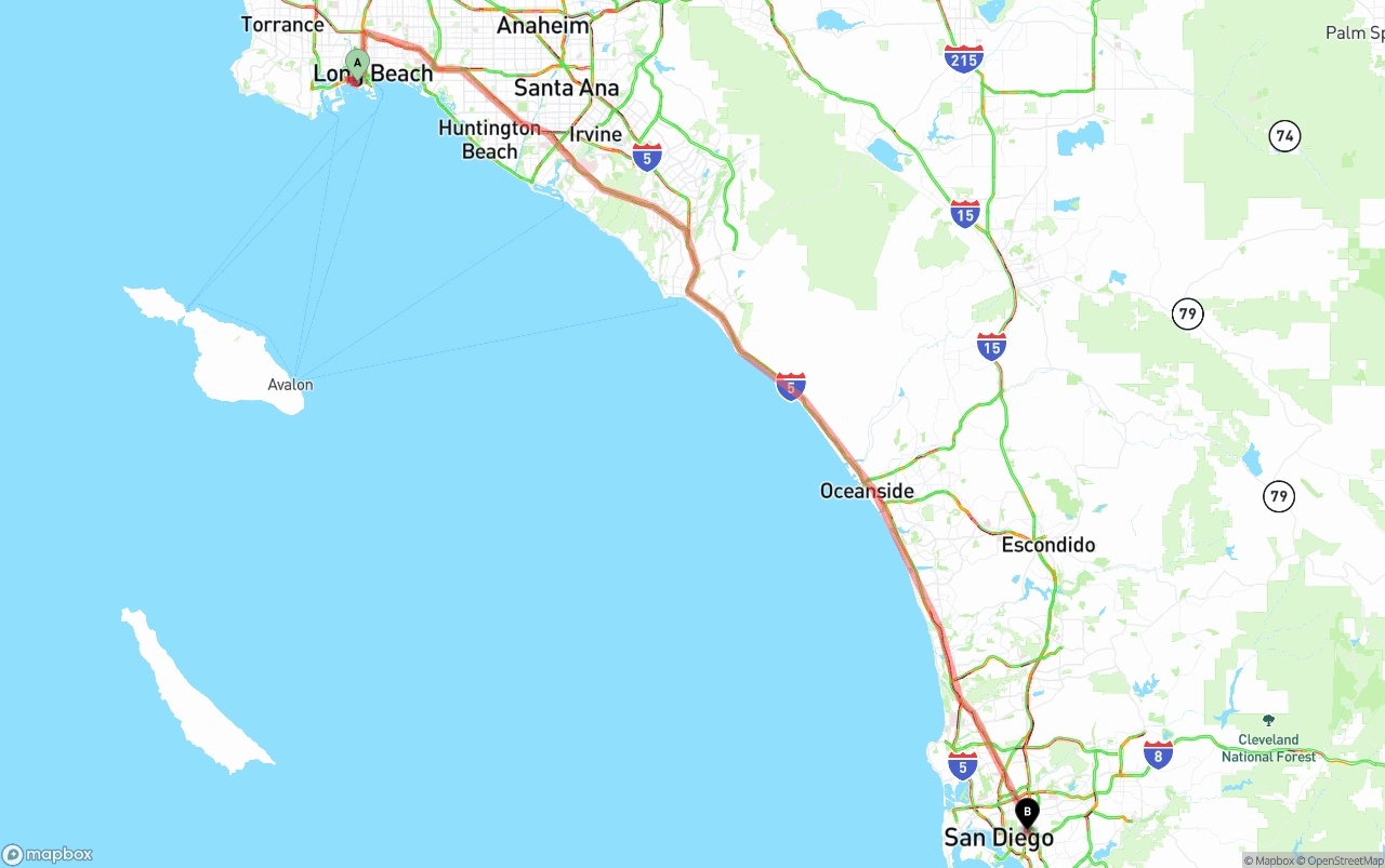 Shipping route from Port of Long Beach to San Diego