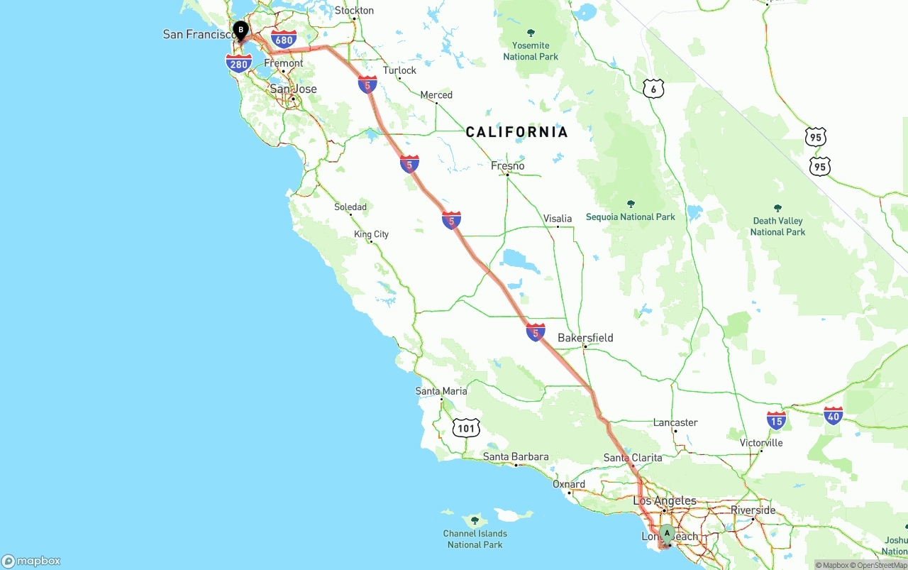 Shipping route from Port of Long Beach to San Francisco
