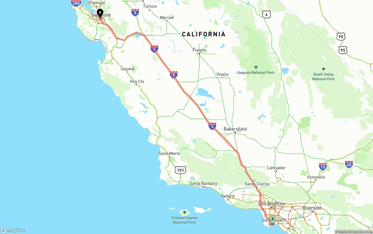 Shipping route from Port of Long Beach to San Jose