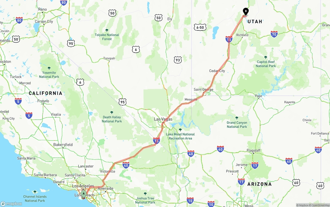 Shipping route from Port of Long Beach to Utah