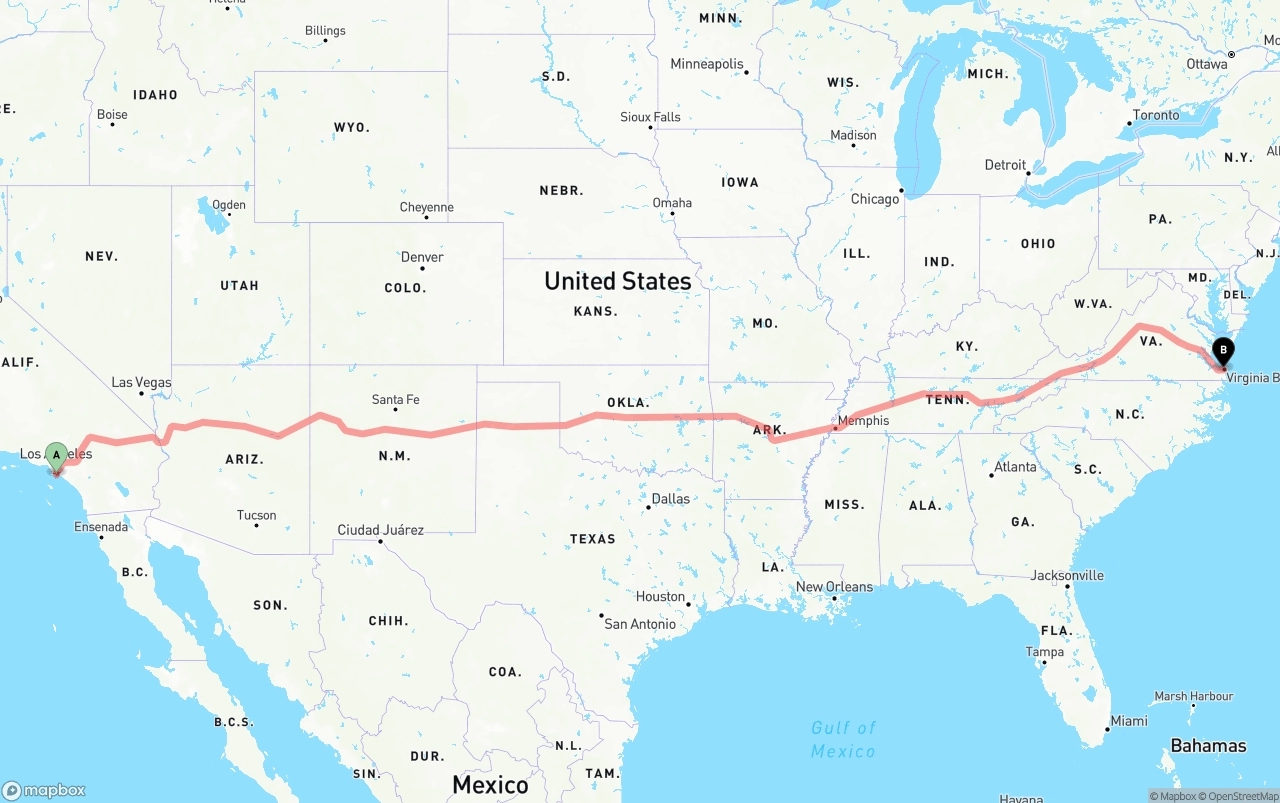 Shipping route from Port of Long Beach to Virginia Beach