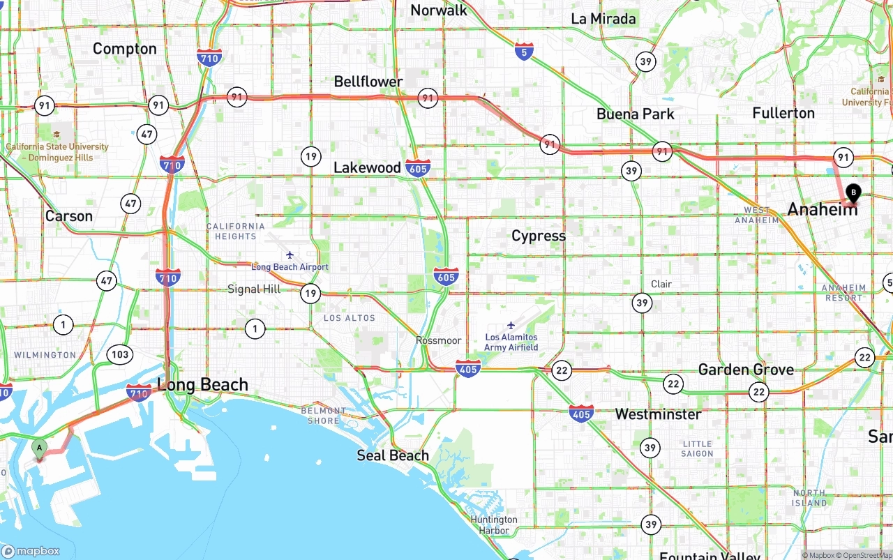 Shipping route from Port of Los Angeles to Anaheim
