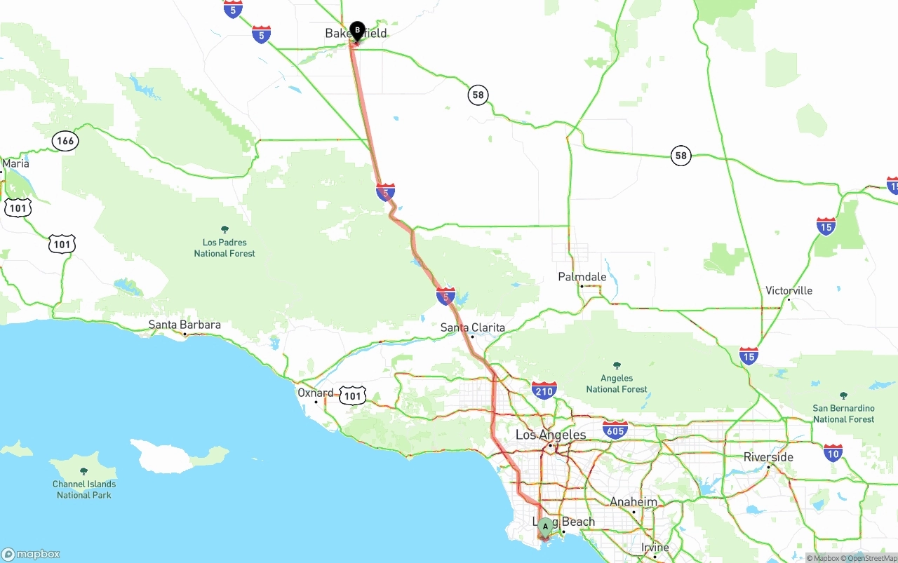 Shipping route from Port of Los Angeles to Bakersfield