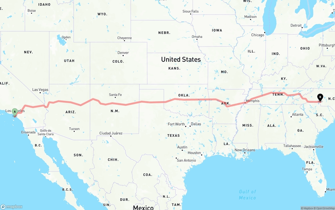 Shipping route from Port of Los Angeles to Charlotte