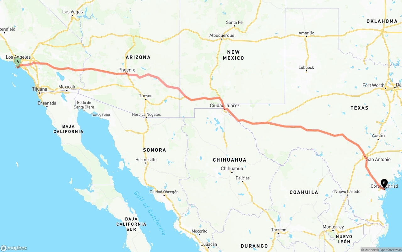 Shipping route from Port of Los Angeles to Corpus Christi