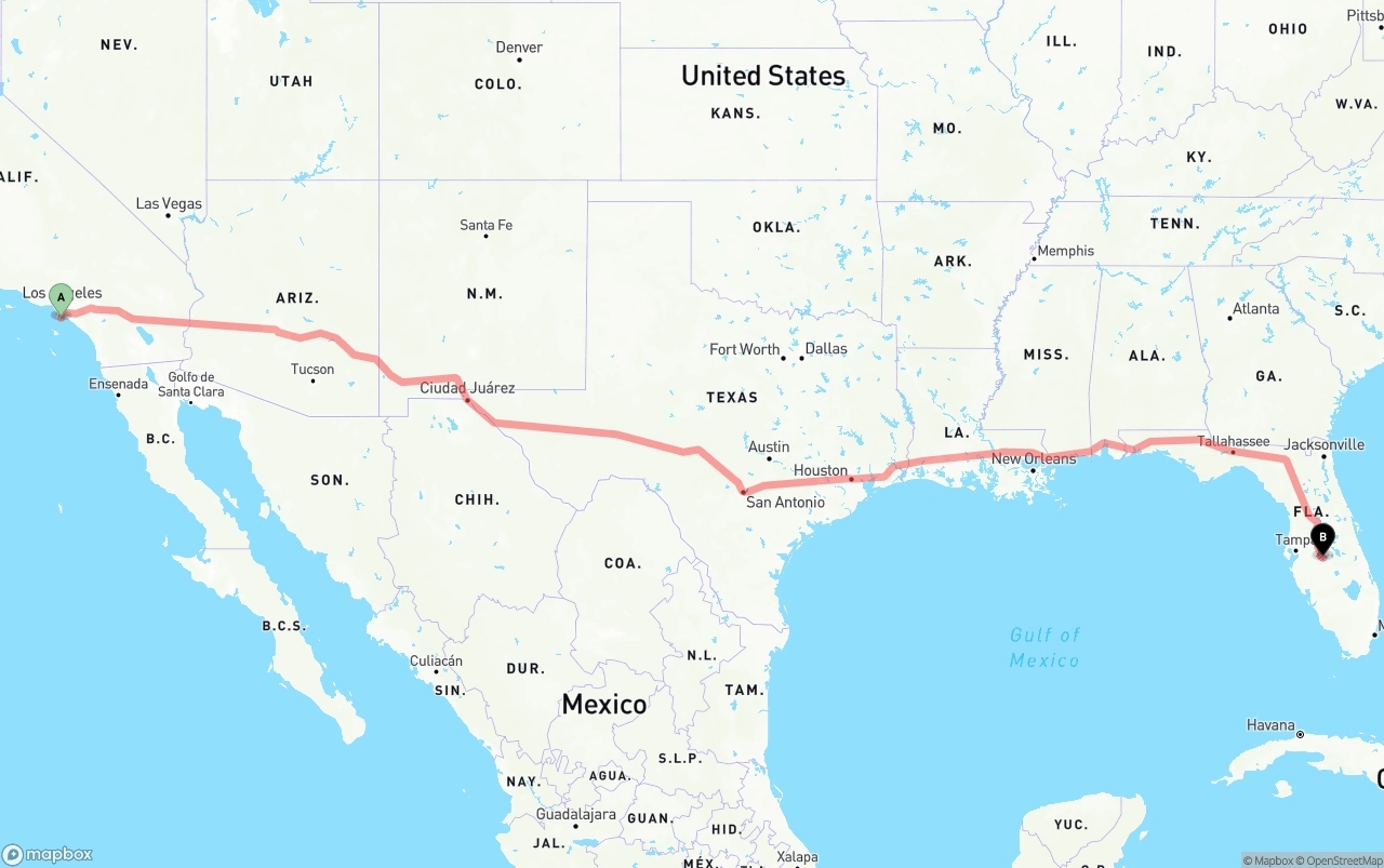 Shipping route from Port of Los Angeles to Florida