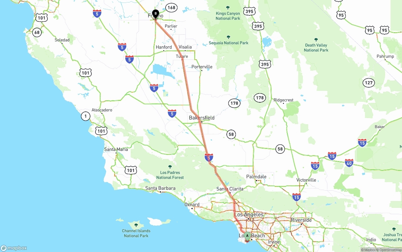 Shipping route from Port of Los Angeles to Fresno