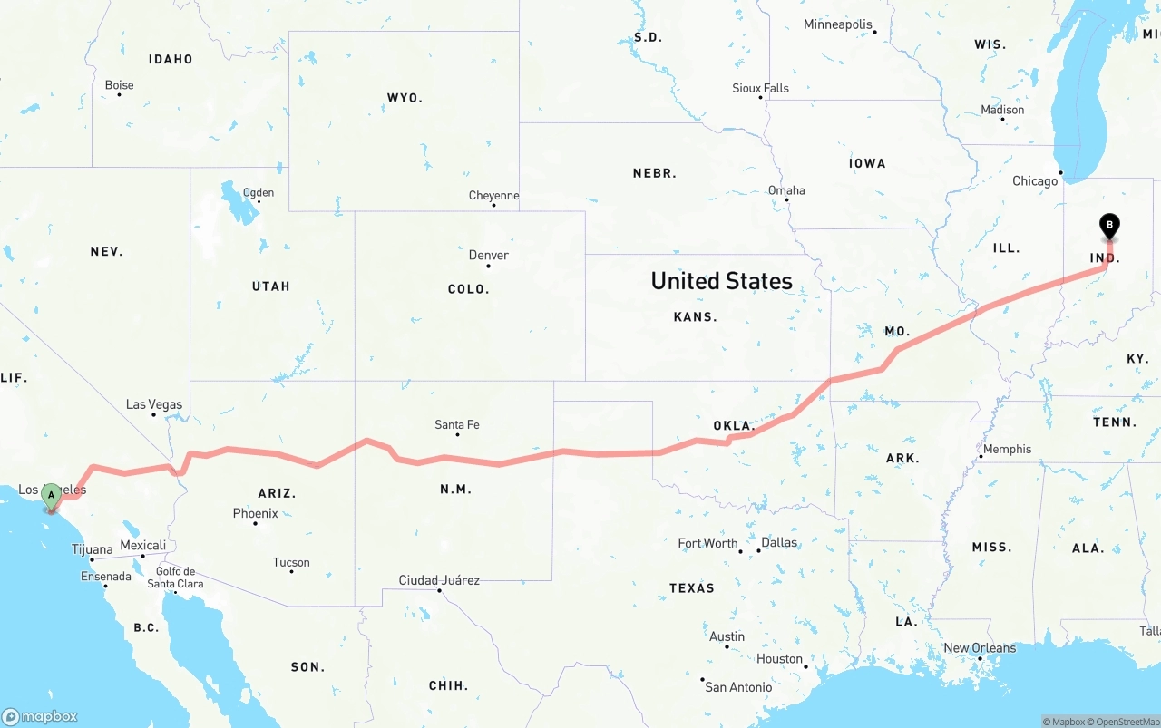 Shipping route from Port of Los Angeles to Indiana