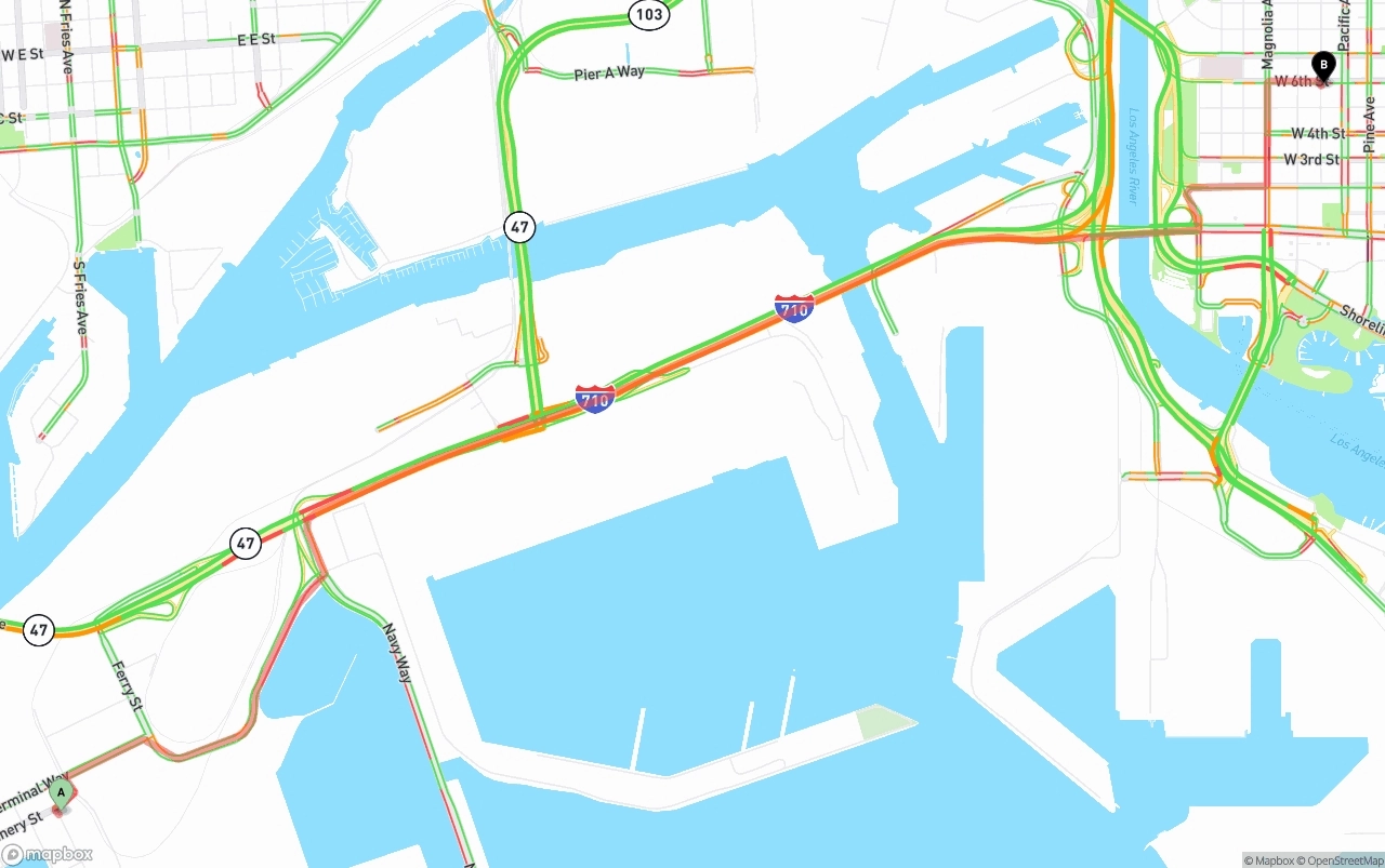 Shipping route from Port of Los Angeles to Long Beach