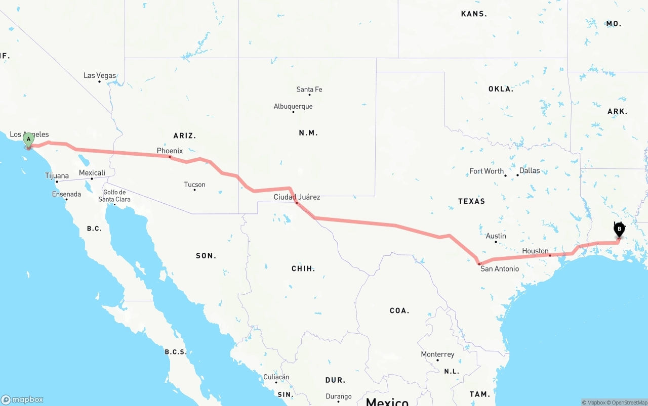 Shipping route from Port of Los Angeles to Louisiana