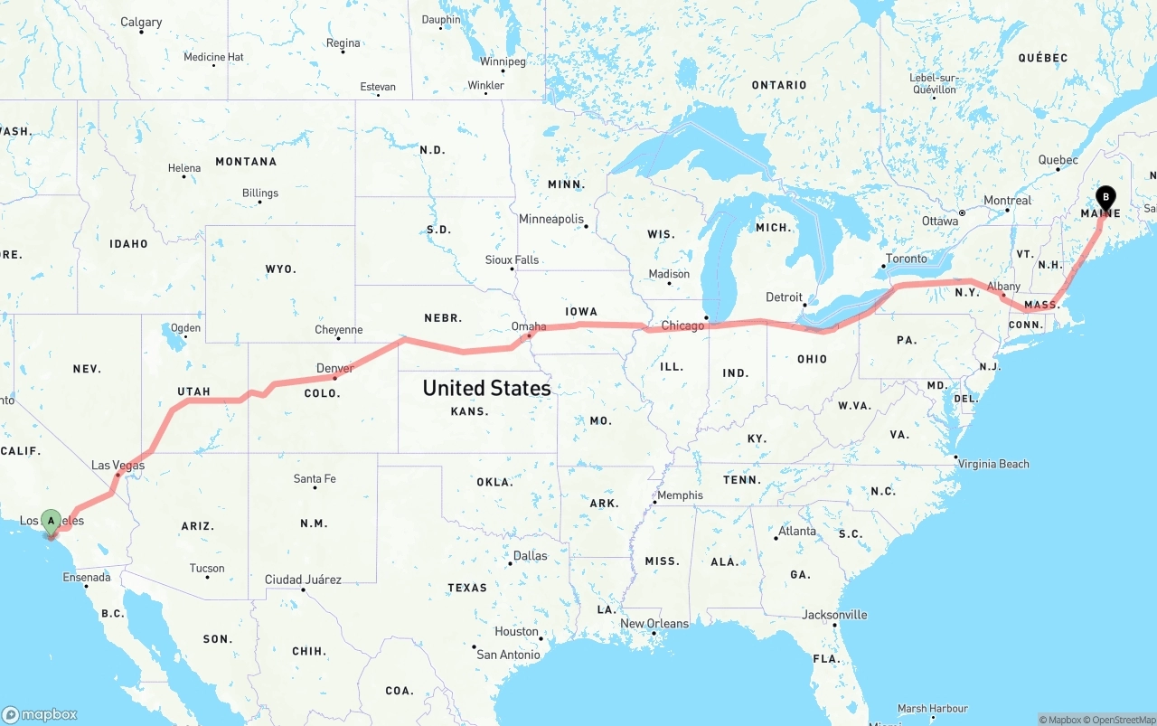 Shipping route from Port of Los Angeles to Maine