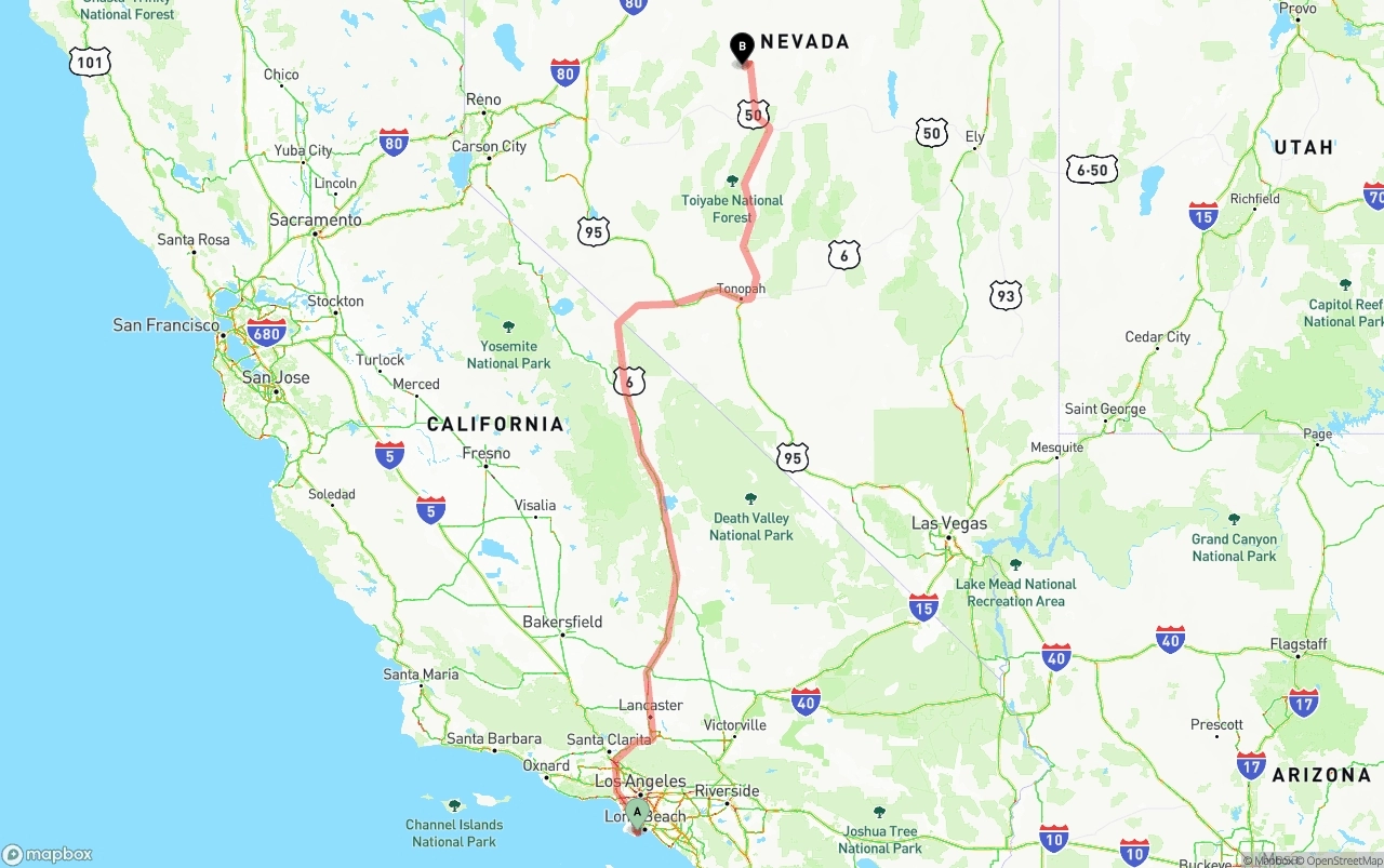 Shipping route from Port of Los Angeles to Nevada